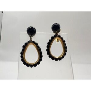Vintage Black Glass Screwback Earrings Gold Tone Teardrop Dangle Mod MCM Atomic